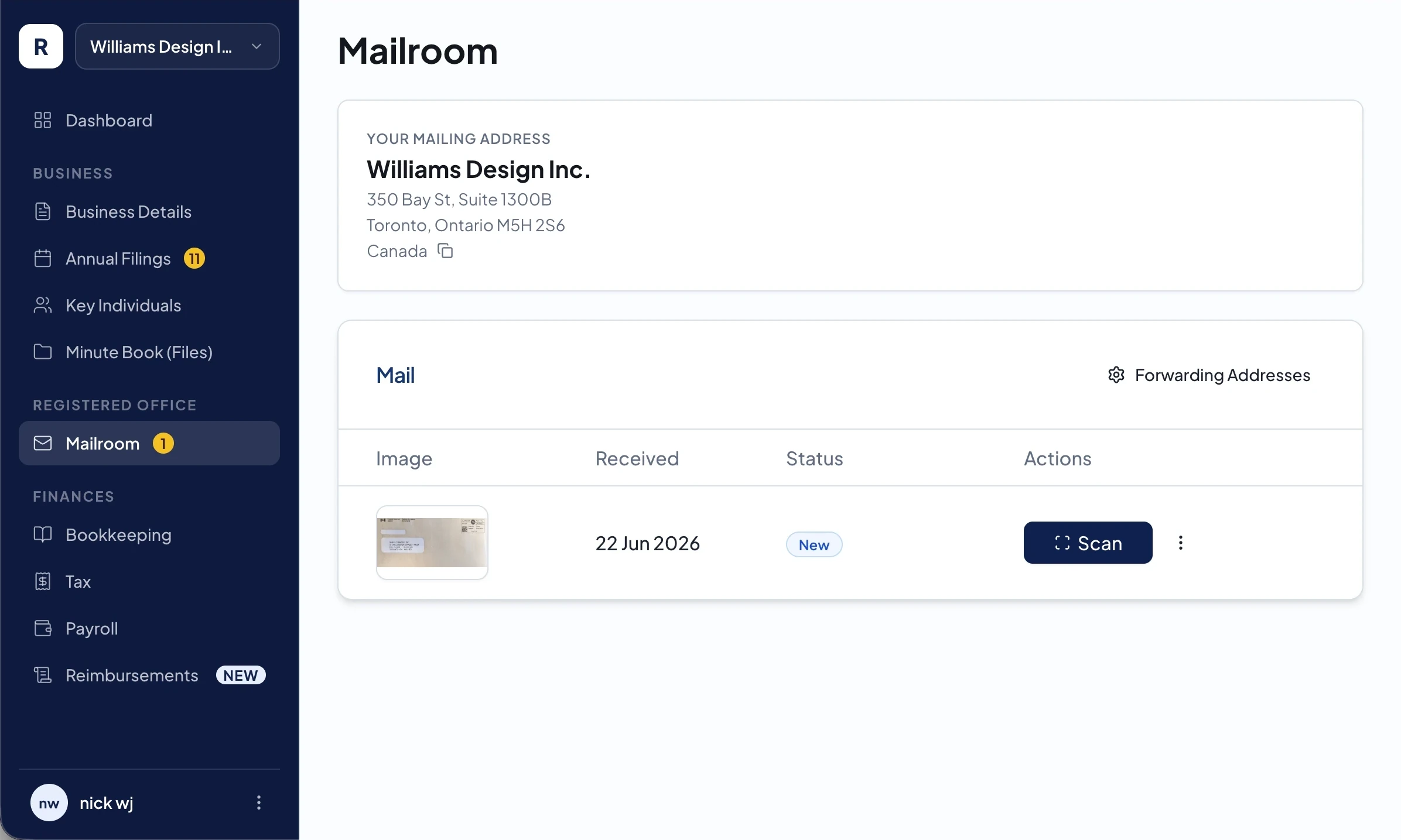 Ribbon Business Mailroom dashboard showing a registered office mailing address and scanned mail