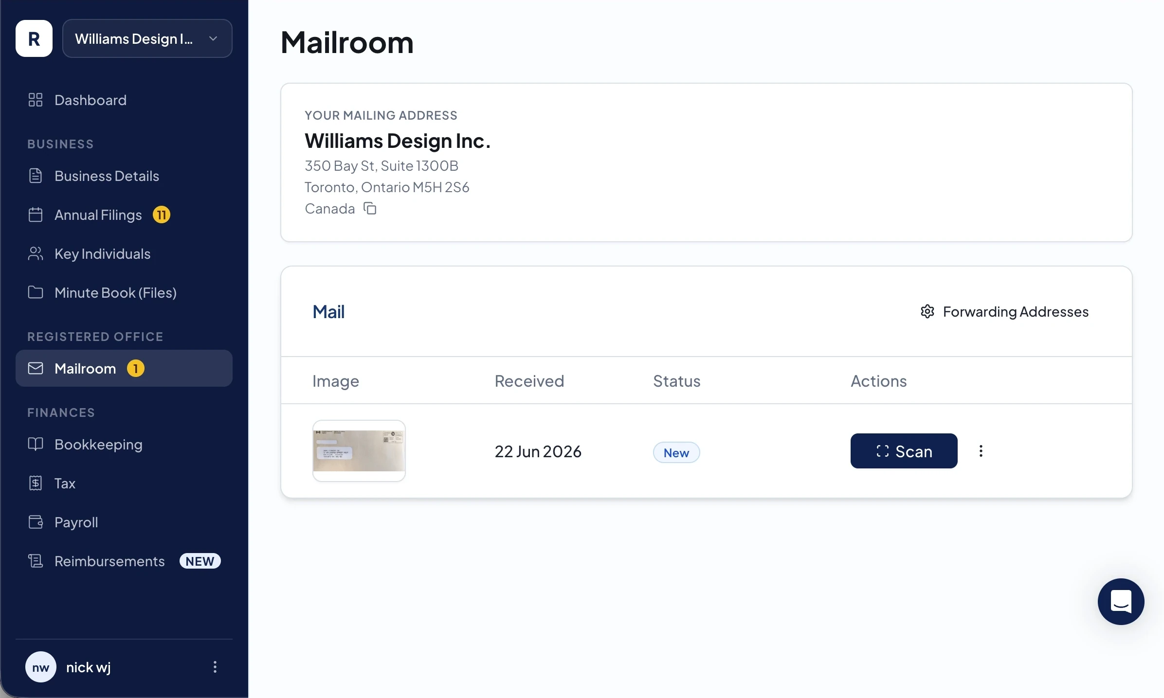 Ribbon Business Mailroom dashboard showing a registered office mailing address and scanned mail