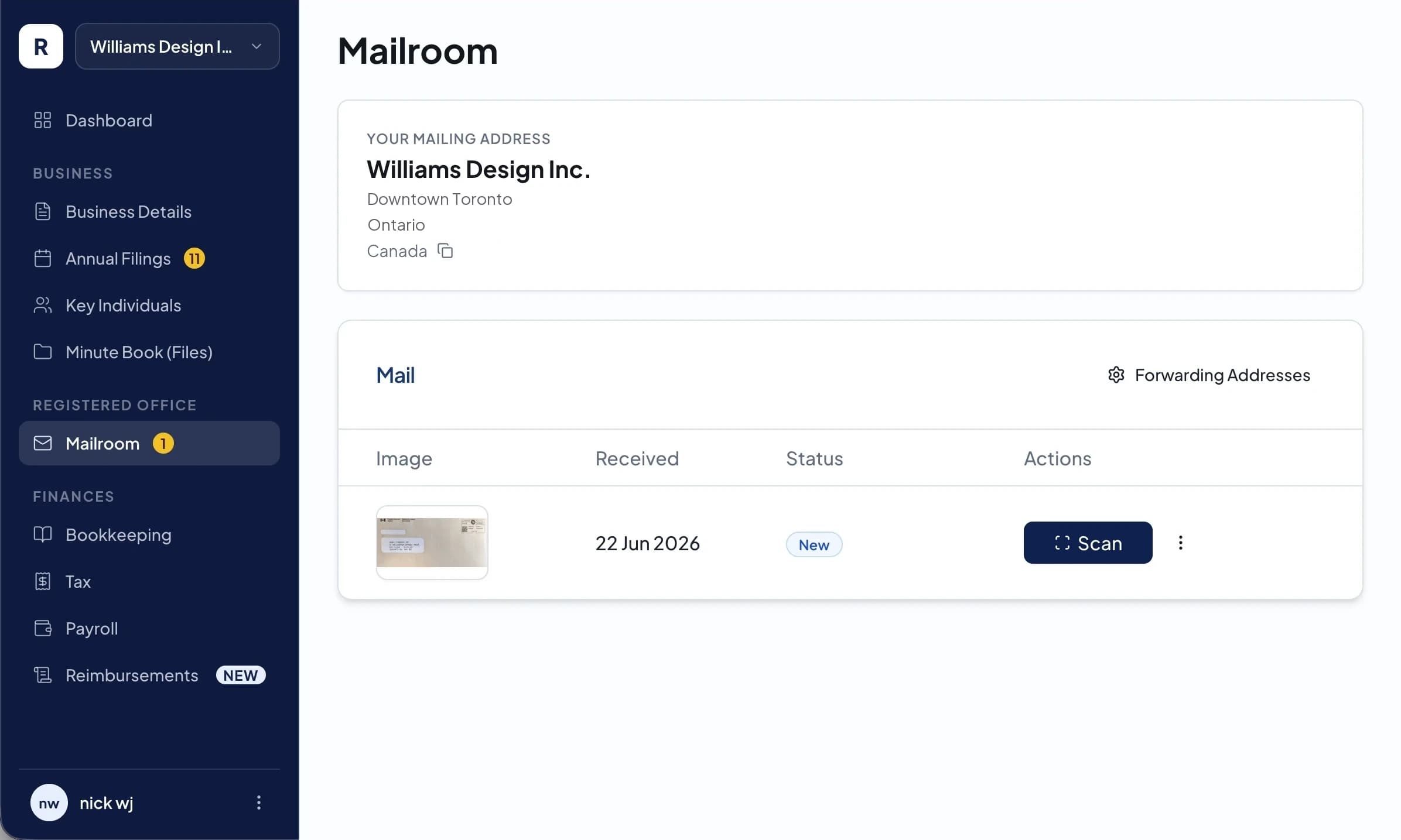 Ribbon Business Mailroom dashboard showing a registered office mailing address and scanned mail